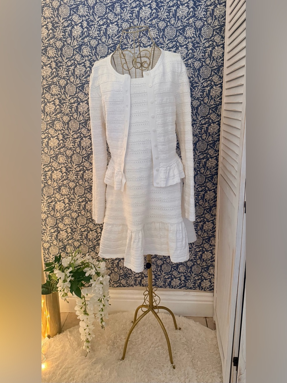 CeCe White Pointelle Ruffle Cardigan Sweater